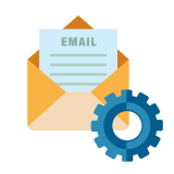 Gear icon attached to envelope with mail inside